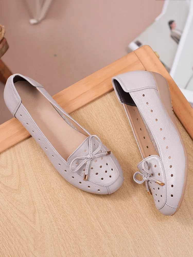 Women Summer Leather Slip-On Flats Shoe with Hollow and Bow