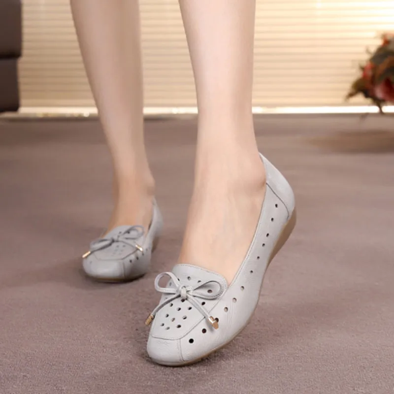 Women Summer Leather Slip-On Flats Shoe with Hollow and Bow