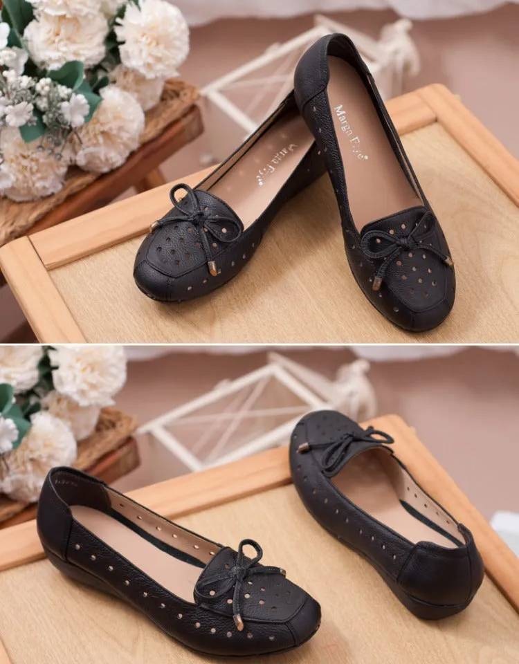 Women Summer Leather Slip-On Flats Shoe with Hollow and Bow