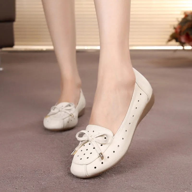 Women Summer Leather Slip-On Flats Shoe with Hollow and Bow