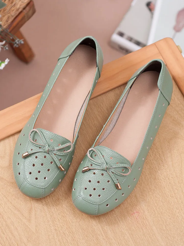 Women Summer Leather Slip-On Flats Shoe with Hollow and Bow