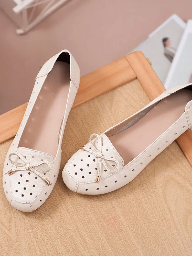 Women Summer Leather Slip-On Flats Shoe with Hollow and Bow