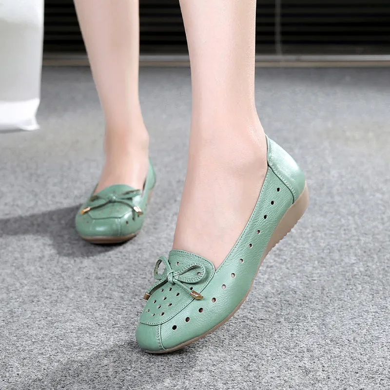 Women Summer Leather Slip-On Flats Shoe with Hollow and Bow