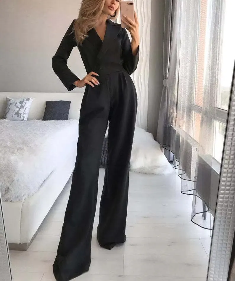 Women's Elegant Formal Long Sleeve Wide Leg Jumpsuit | Wedding