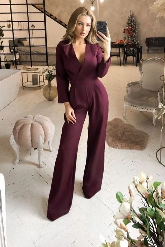 Women's Elegant Formal Long Sleeve Wide Leg Jumpsuit | Wedding