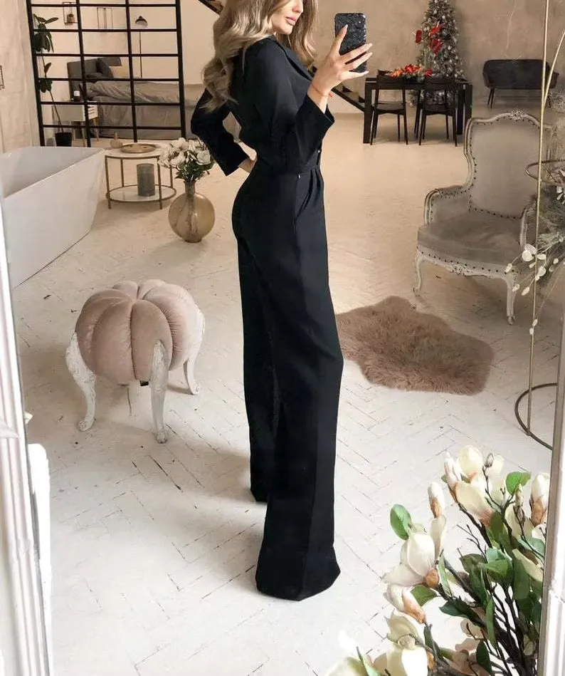 Women's Elegant Formal Long Sleeve Wide Leg Jumpsuit | Wedding